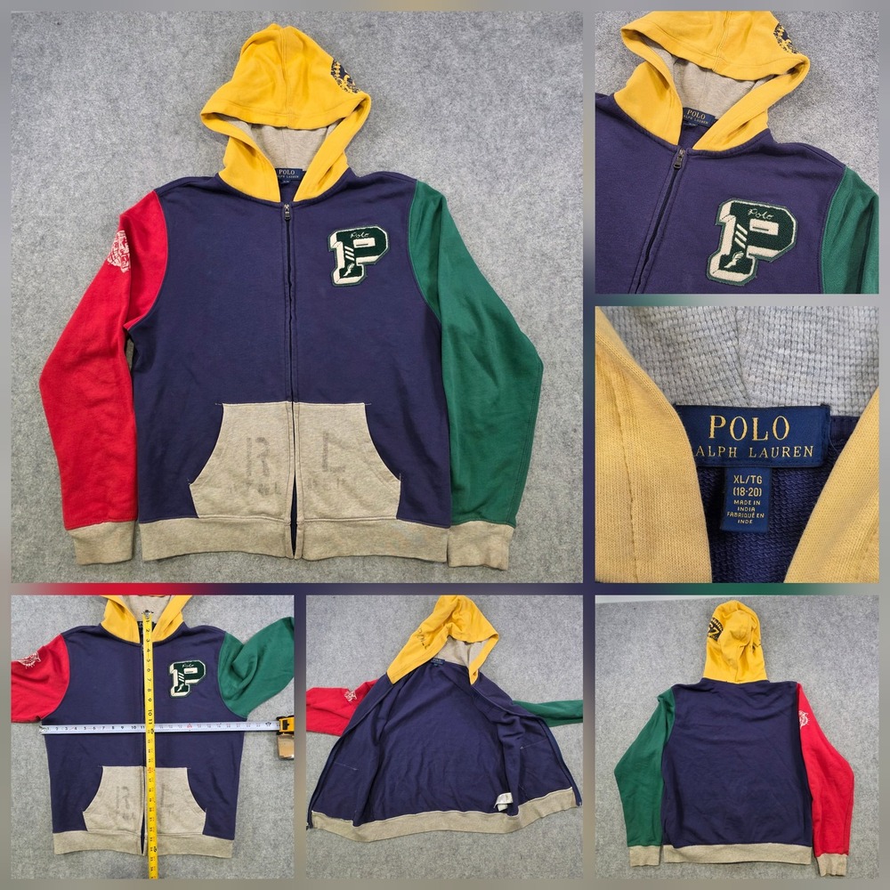 Polo Ralph Lauren Hoodie Boys 18-20 Varsity Colorblock Full Zip P Patch Logo